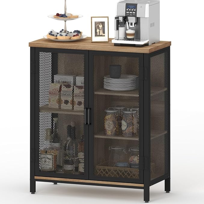 BON AUGURE Coffee Bar Cabinet with Storage for Home Kitchen, Rustic Liquor Cabinet for Entryway, Small Industrial Buffet Sideboard Cabinets for Dining Room (Vintage Oak)
