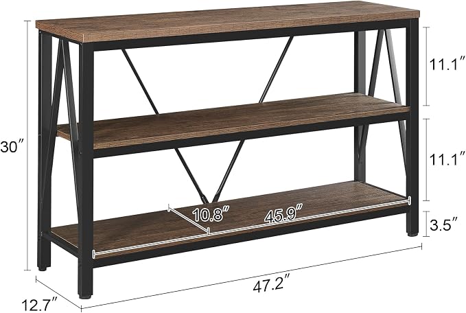 Entryway Console Table, 3 Tier Entry Table with Open Shelves, Brown, 47 IN