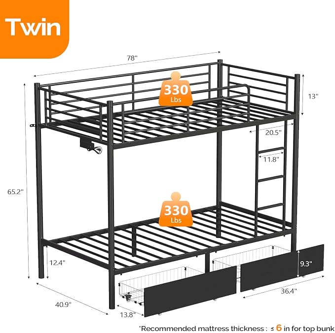 Bonnlo Metal Bunk Bed Frame Twin Over Twin with 2 Drawers, LED Lights, Safety Guardrail & Ladder, Charging Station, for Kids, Teens & Adults, Space-Saving, No Box Spring Needed, Black