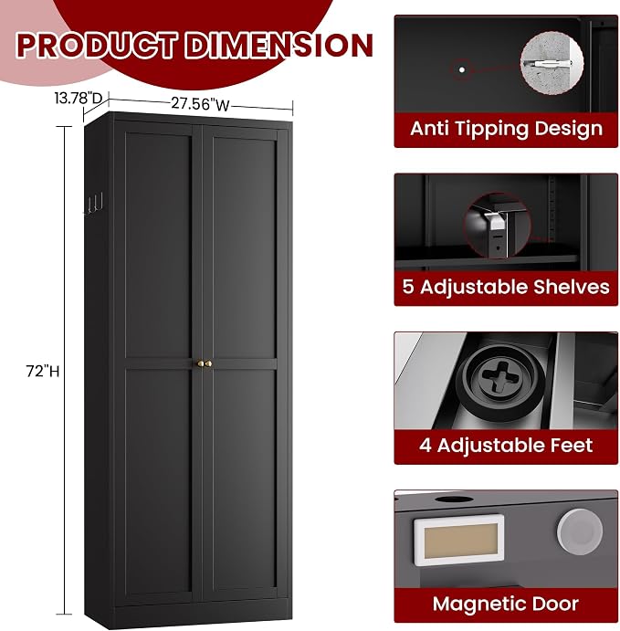 AQY Metal Pantry Cabinet, 72" Black Kitchen Storage Cabinet with Doors | 5 Adjustable Shelves Freestanding Storage Metal Cabinet Kitchen & Living Room Organization
