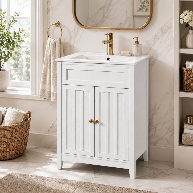 VINGLI 24 Inch Bathroom Vanity with Sink, Washed White Freestanding Farmhouse Vanity Cabinet, Single-Hole Ceramic Basin with Overflow, 2-Door Storage with U-Shaped Shelf