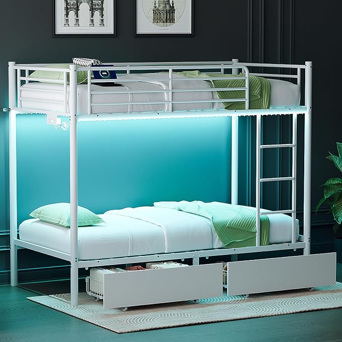 Bonnlo Metal Bunk Bed Frame Twin Over Twin with 2 Drawers, LED Lights, Safety Guardrail & Ladder, Charging Station, for Kids, Teens & Adults, Space-Saving, No Box Spring Needed, White