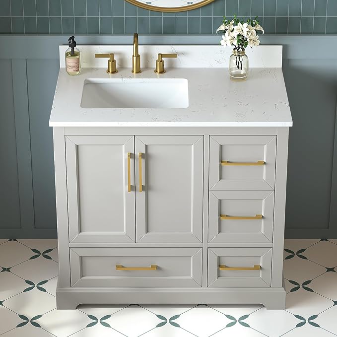 36 Inch Bathroom Vanity with Sink Combo, Greige | Solid Wood Frame with Marble Top & Backsplash & Ceramic Sink, Fully-Assembled with Soft-Closing Doors & 4 Dovetail Drawers