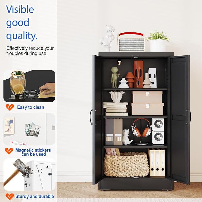 GAIOUS 43.3'' Tall Kitchen Pantry Cabinet, Black Metal Storage Cabinet | with 2 Doors and 3 Adjustable Shelves, Steel Freestanding Cupboard, 4 Tier Bookcase for Dining Home Office Bathroom Bedroom