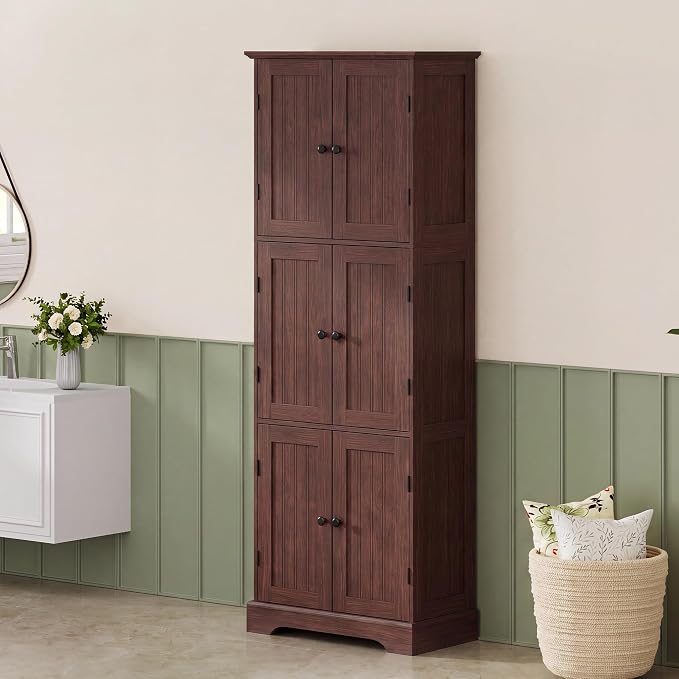 ChooChoo 63.2" Tall Bathroom Storage Cabinet with 6 Doors | Freestanding Floor Cabinet, Adjustable Shelves, Pantry Cabinet for Bathroom, Kitchen, Laundry Room, Rustic Walnut