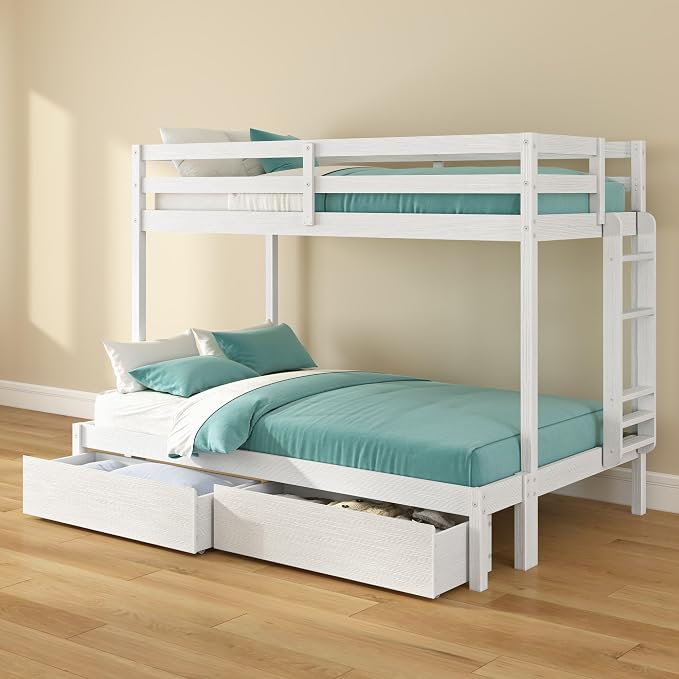 Grain & Grove Bear Twin Over Full Bunk Bed with Trundle Bed, Sturdy Bunk Bed Frame for Kids, Plywood Bunk with Ladder, Guardrail, and Slats, No Box Spring Required, Brushed White