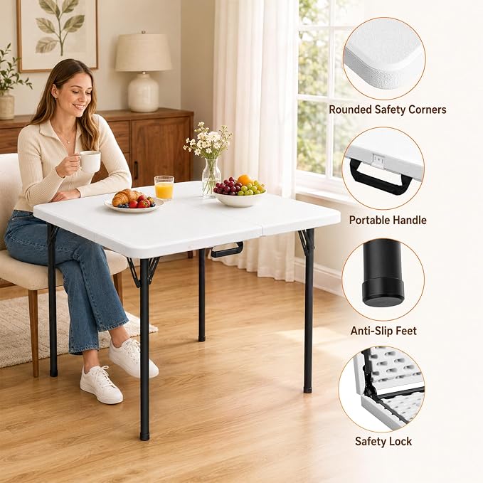 36" Square Folding Card Table - Plastic Portable Folding Table with Carrying Handle, [Heavy Duty 400 lbs] Perfect for Camping, Party, Game, Picnic, Card, Mahjong, White