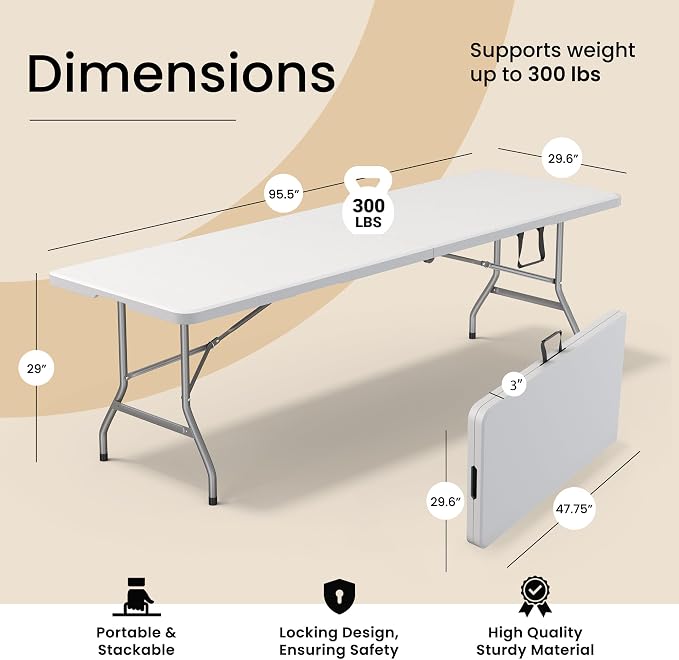 2 PACK of 8 Feet Foldable Table with Built in Handle & Steel Legs | 8 FT Heavy Duty Portable | Perfect for Party, Dining, Wedding, Events, Picnic Indoor, Outdoor, Camping, Temporary - 8 Foot