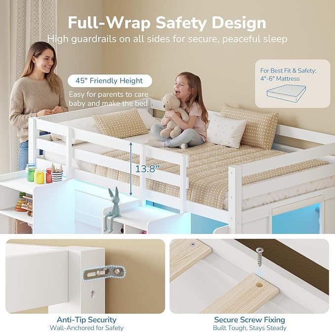 Low Loft Bed Twin Size with LED Lights, Wooden Kids Twin Loft Bed with Storage Bookcase, Toy Box, Reading Nook and Secret Play Space, Modern loft Bed with Stairs and Safety Guardrails for Boys Girls