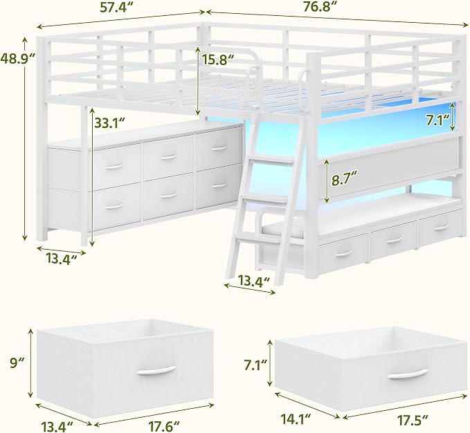 Dnxao Low Loft Bed Full Size with Desk and 9 Storage Drawers, White