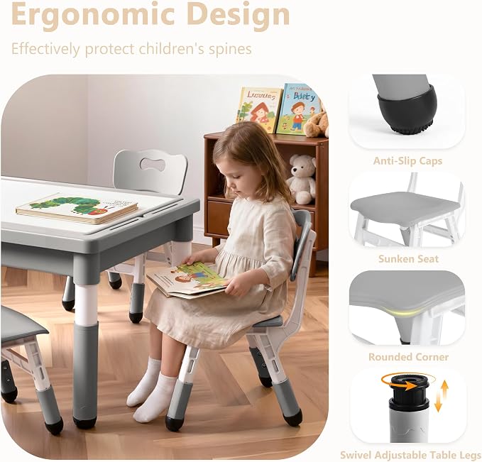 Kinder King Kids Table & 4 Chairs Set, Adjustable Heights, Storage, Grey