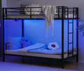 Bonnlo Metal Bunk Bed Twin Over Twin with LED Lights and Charging Station, Heavy Duty Twin Bunk Bed with 13.4-Inch Guardrails, Non-Slip Ladder, 8-Inch Underbed Storage, No Box Spring Needed, Black