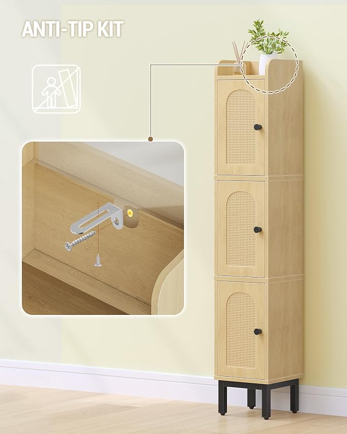 Hzuaneri Slim Bathroom Storage Cabinet, Narrow Bathroom Organizers,3 Doors | Narrow Storage Cabinet with 4 Adjustable Feet, Laundry Room Organization for Small Space, Kitchen,Living Room,Rattan Yellow