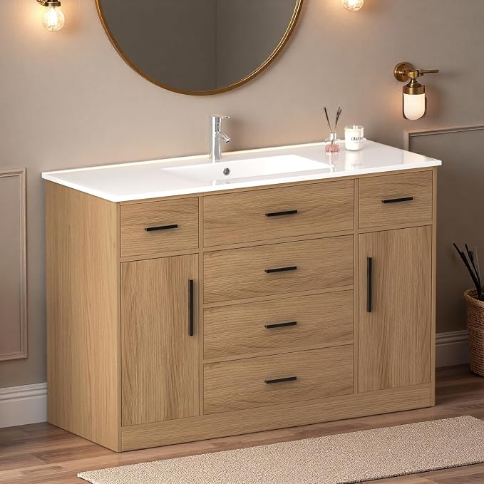 LUMISOL 48 Inch Bathroom Vanity with Sink, Freestanding Bathroom Vanity with Resin Sink, Tip-Out Drawer, Storage Drawers and 2 Soft-Closing Doors, Light Oak