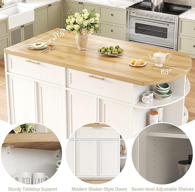 HSH 63 Inch Large Kitchen Island with Storage and Seating, Light Oak