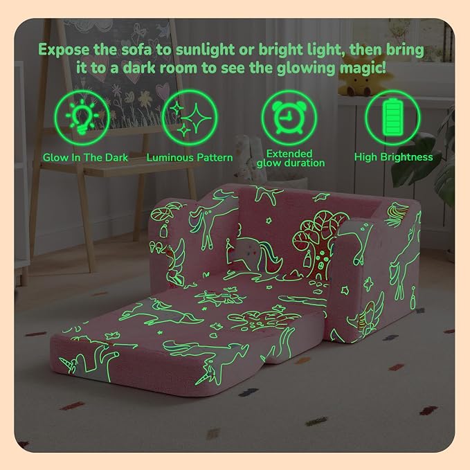 MeMoreCool Kids Chair, Glow Dark Pink Fairy Fold Out Sofa Seat for Girls