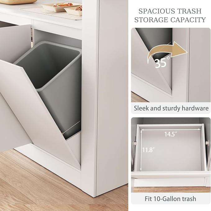 86.6" Large Kitchen Island with Trash Can Storage, White