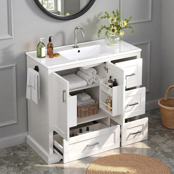 LUMISOL 42 Inch Bathroom Vanity with Ceramic Sink, Freestanding Bathroom Vanity with 4 Storage Drawers, 2 Soft Close Doors, Adjustable Shelf and Door Rack, White