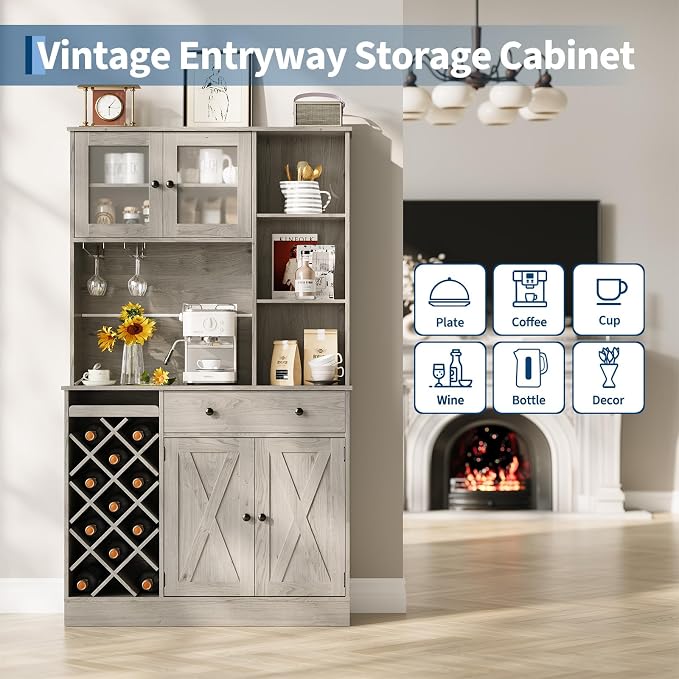 Garvee Coffee Bar Cabinet with Power Outlet & Exquisite Barn Doors, Sideboard Buffet Cabinet with Wine Bottle Rack, Storage Cabinet for Kitchen, Dining Room