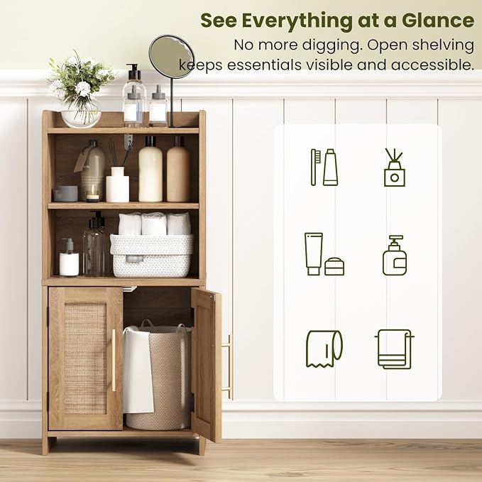 Small Bathroom Storage Cabinet with 2 Doors & Shelf,Rattan Natural | Narrow Storage Organizer, Toilet Paper Floor Cabinets Freestanding, for Small Spaces, Laundry Room, 7.8" D x 14.6" W x 31" H