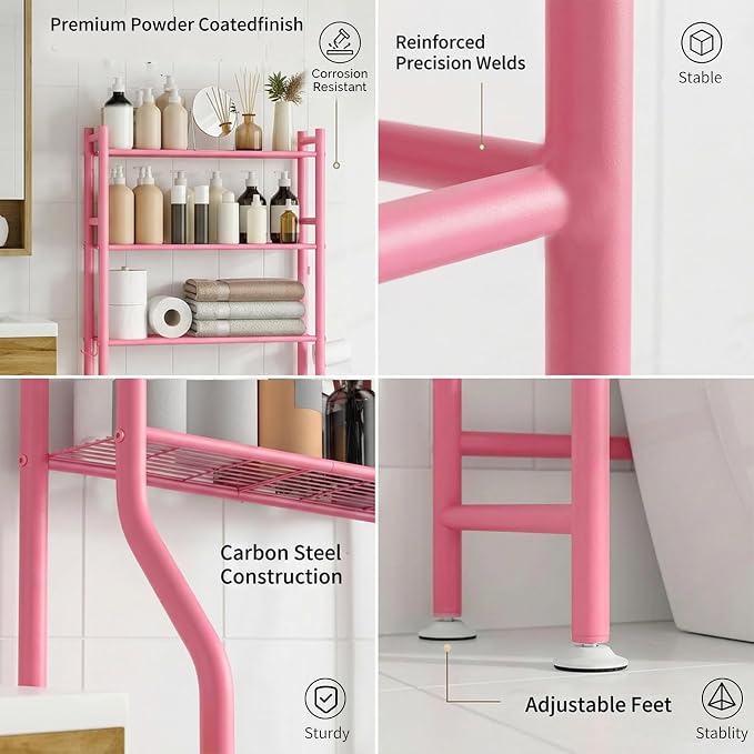 GloTika 3-Tier Over Toilet Storage, Anti-Tilt, 64" H, Pink | Anti-Tilt Safety System, 150lb Capacity, Carbon Steel, Freestanding, No Drilling, Anti-Rust Coating, Paper Holder & 4 Hooks