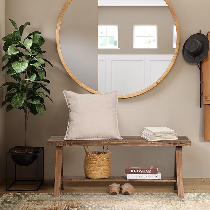 Wnutrees 43" Farmhouse Solid Wood Bench, Rustic Indoor Storage Bench