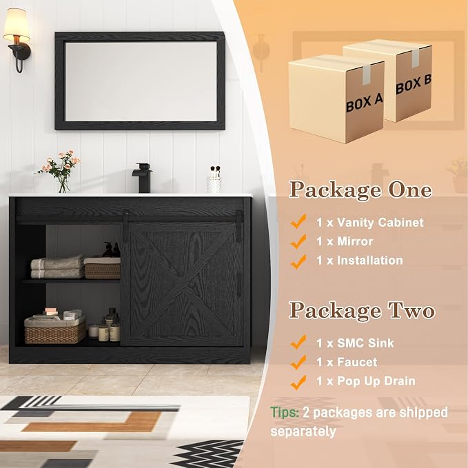 48" Farmhouse Bathroom Vanity with Sink & Faucet & Mirror, Wood Grain Black | Sliding Barn Door, 3 Handleless Drawers, Single Vanity Combo for Small Space