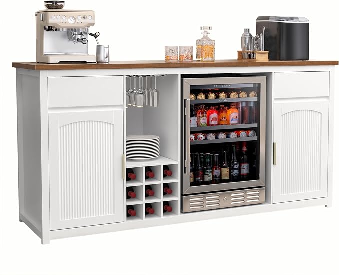 GDLF 78.7" Home Bar Cabinet with Fridge Space, Fluted Wine Liquor Bar,White
