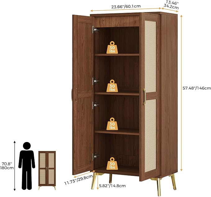 JASIWAY Tall Bathroom Storage Cabinet 57" Rattan Pantry Cabinet, Walnut | With Doors and Adjustable Shelves, Freestanding Linen Closet & Wardrobe for Bathroom Laundry Bedroom, Anti-Tipping Device