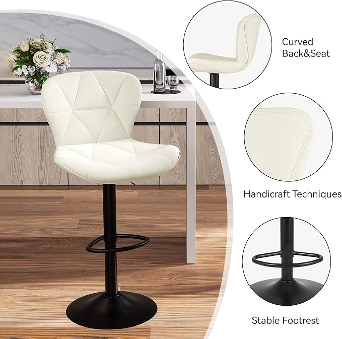 Nalupatio Modern Bar Stools Set of 4, Adjustable Faux Leather Upholstered Swivel Bar Stools, Counter Bar Chairs with Back for Kitchen Island, Cream White