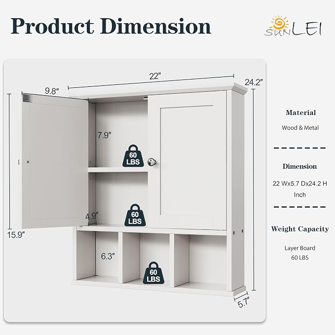 Bathroom Wall Cabinet, Cabinet Wall Mount Organizer Shelf for Toiletries, Towels & Essentials – Waterproof MDF, Space-Saving Bathroom Storage, White