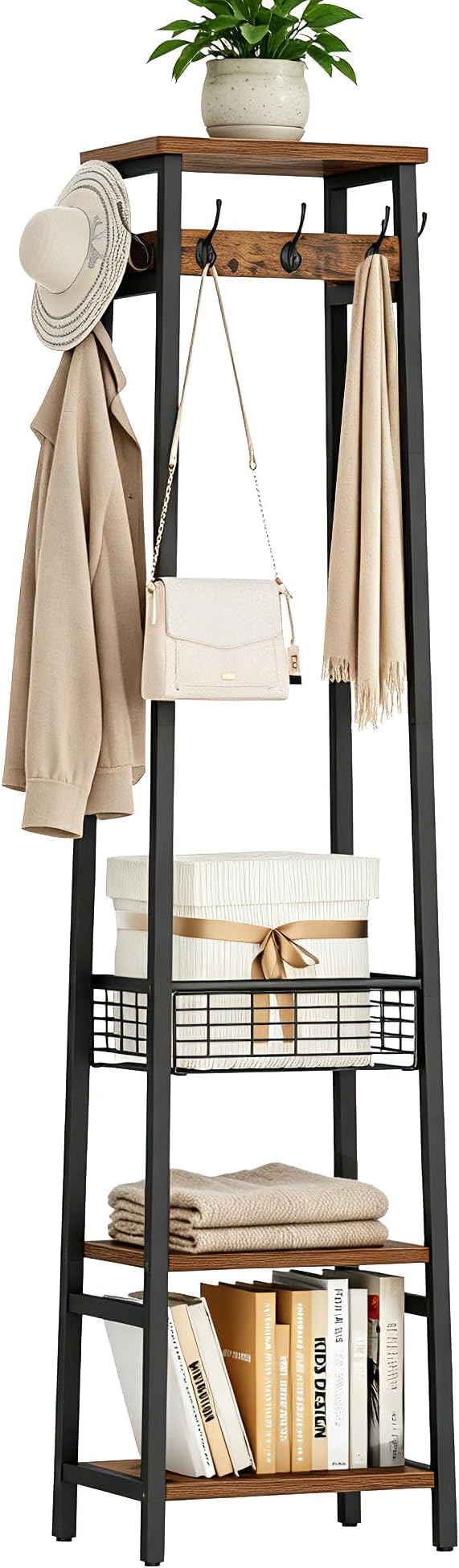 Coat Rack with Metal Basket and Storage Shelves