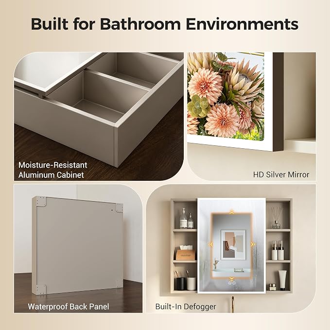 35.4 x 27.5 Inch LED Bathroom Mirror Cabinet with Open Shelves on Both Sides, 3 Color Dimmable Lighted Medicine Cabinet, Plug-in or Hardwired Anti-Fog Aluminum Medicine Cabinet with Hidden Storage