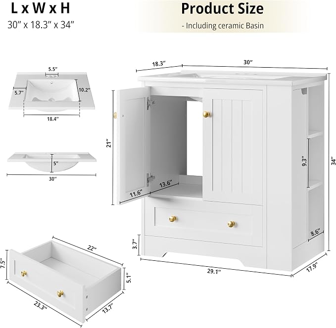 IRONCK Bathroom Vanity with Ceramic Sink, 30" Bathroom Cabinet, White | Features a Ceramic Sink, 3 Doors, 1 Drawer and Flexible Side Storage for Organized Bathroom Storage