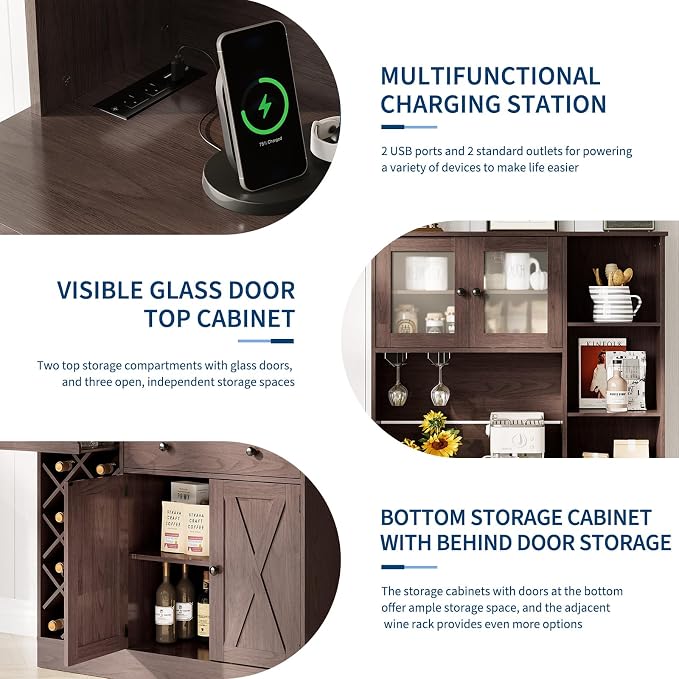 Garvee Coffee Bar Cabinet with Power Outlet & Exquisite Barn Doors, Sideboard Buffet Cabinet with Wine Bottle Rack, Storage Cabinet for Kitchen, Dining Room