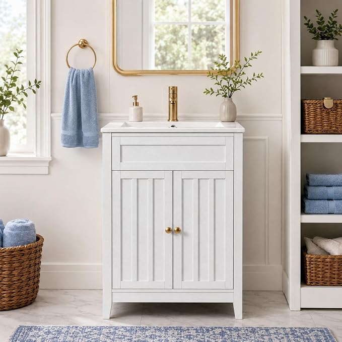 VINGLI 24 Inch Bathroom Vanity with Sink, Washed White Freestanding Farmhouse Vanity Cabinet, Single-Hole Ceramic Basin with Overflow, 2-Door Storage with U-Shaped Shelf