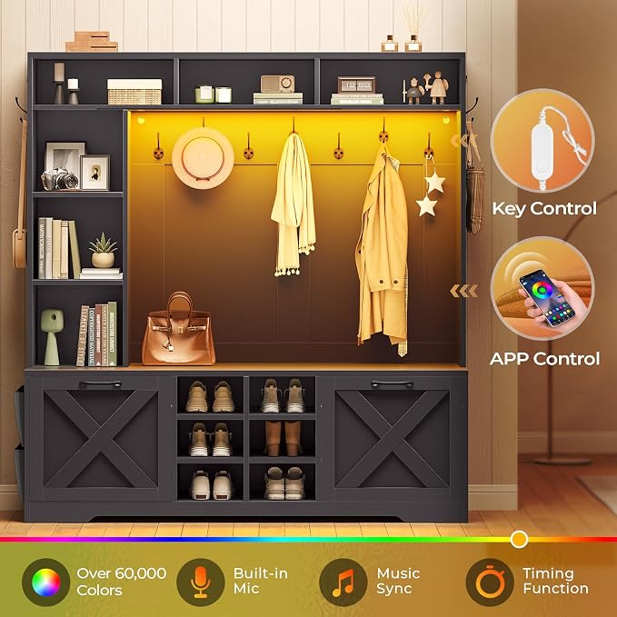 Itaar Hall Tree with Bench and Shoe Storage, 59.1" Farmhouse Entryway Bench with Coat Rack, Shoe Cabinet with Flip Drawers, 12 Shelves, 9 Coat Hooks, Storage Bag, Led Lights, Black