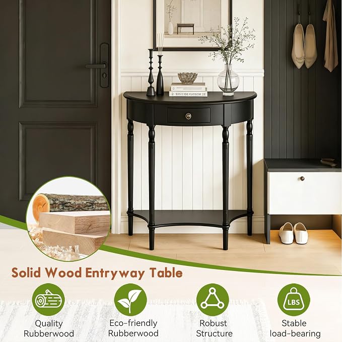 Half Moon Console Table Solid Wood Vintage Entryway Table with Storage Drawer Small Hallway Table for Entryway Half Round Foyer Tables Walnut Entry Way Tables For Entrance (Black, W-23.6")