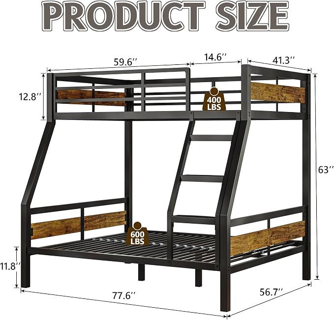 Feonase Metal Bunk Bed Twin Over Full with Ladder and High Guardrail, Heavy-Duty Metal Slats Support, Noise Free, No Box Spring Needed, for Kids and Juniors, Vintage