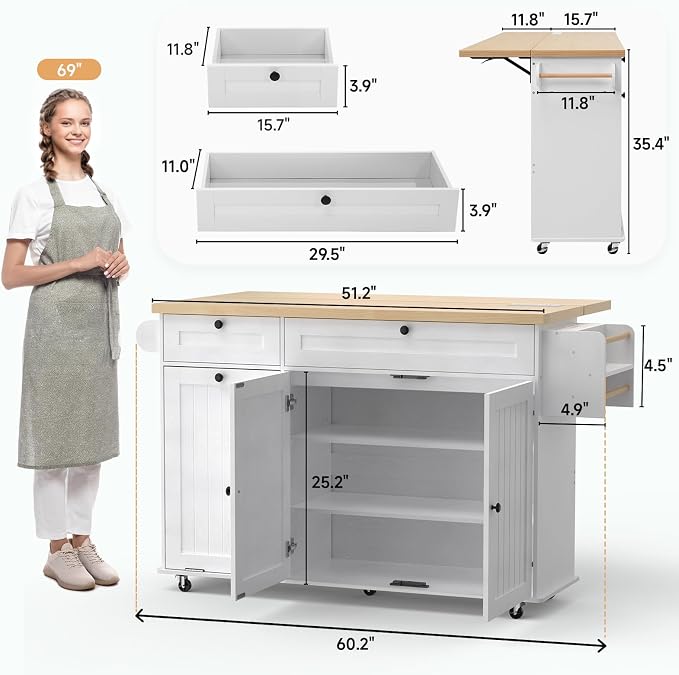 ONBRILL 60" Kitchen Island with Trash Can Storage, White