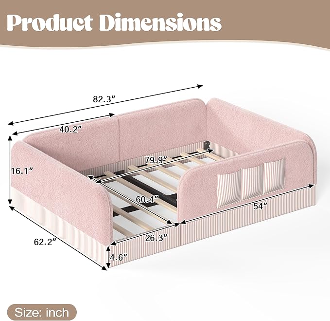 Bellemave Queen Upholstered Montessori Floor Bed with Storage Pocket,Pink