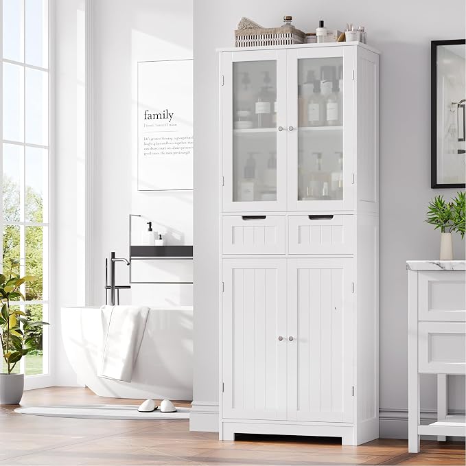 HORSTORS 67" H Bathroom Storage Cabinet, White Linen Cabinet with Drawers | Freestanding Bathroom Cabinet with Glass Door & Shelf, Modern Tall Storage Cabinet for Bathroom, Living Dining Room, Kitchen