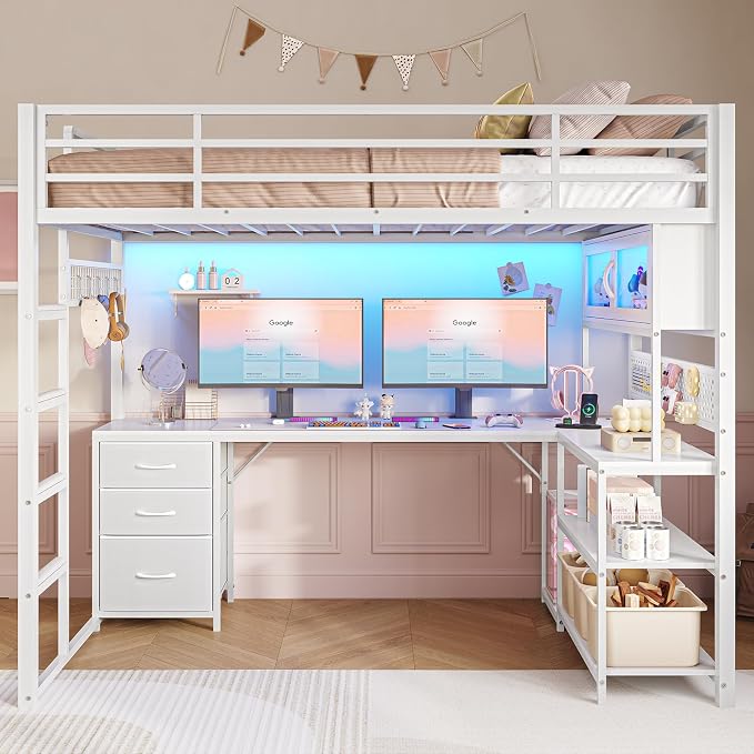 ADORNEVE Gaming Loft Bed Twin with Desk & RGB Arcylic Hutch, White