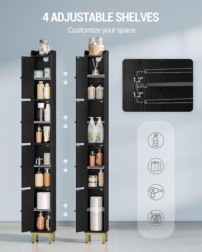 Hzuaneri 4-Tier Narrow Tall Storage Cabinet | Slim Bathroom Storage Cabinet with 4 Adjustable Feet and Shelves,for Living Room,Laundry Room,Rattan Black,7.9"Dx7.9"Wx70.9"H