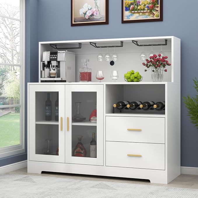 Bar Cabinet for Home with LED Light,Coffee Bar Cabinet w/ Wine & Glass Rack
