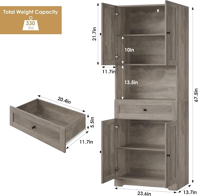 HIFIT Tall Bathroom Storage Cabinet with Drawer, Modern Linen Cabinet,Brown | 67"H Tall Storage Cabinet with Doors & Shelves, Freestanding Kitchen Pantry for Bathroom, Dining Room, Laundry, Narrow Corner