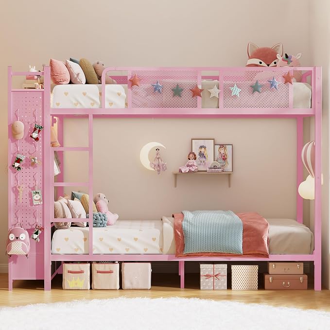 Itaar Metal Bunk Bed Twin Over Twin with Hall Tree, Power Outlet, LED Bunk Bed with 4 Storage Drawers, Bed with 13‘’ Safety Guardrail & Ladders for Kids and Teen, 400lb Weight Capacity, Pink