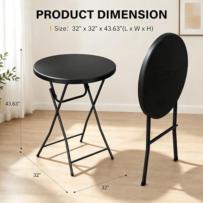 Folding Height Cocktail Table with Metal Legs 32'' Round Top for Small Spaces Bar Wedding Party Indoor Outdoor Use, Black