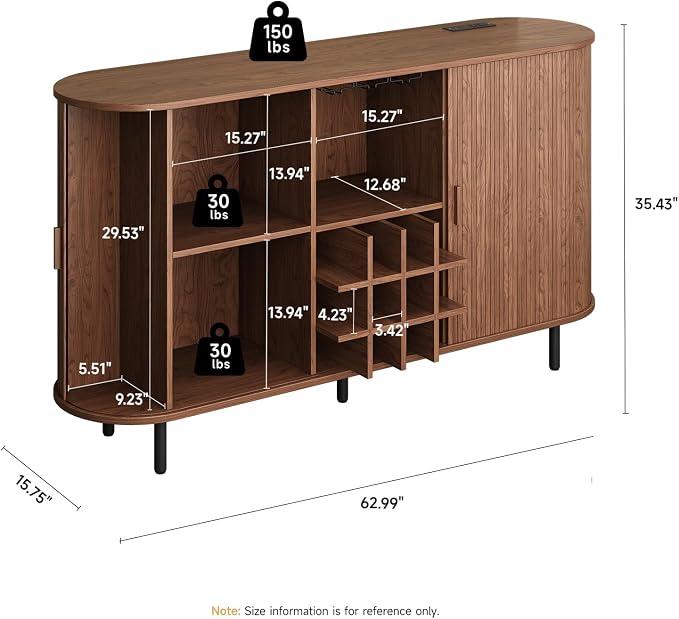 ONBRILL 63" Fluted Wine Bar Cabinet with LED Light Walnut