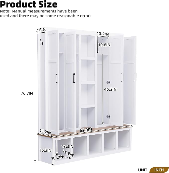 Merax Modern Farmhouse Hall Tree with Bench, 4-in-1 Entryway Storage Cabinet & Shoe Organizer with Hooks, White